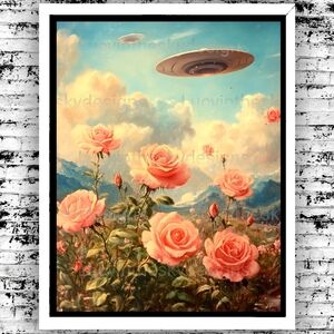 UFO UAP Roses Surreal Floral Landscape Art Print